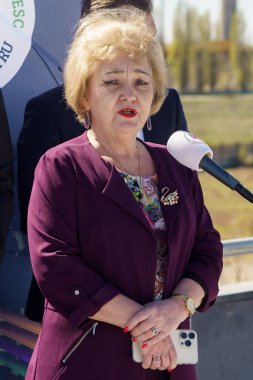 Bucharest, Romania. 3rd Apr, 2024: Mariana Miclaus, General Manager Metrorex, speaks during the press conference about the project initiated by the mayor's office of sector 4 to extend subway line 4 from Bucharest Nord railway station to Progresul ra clipart
