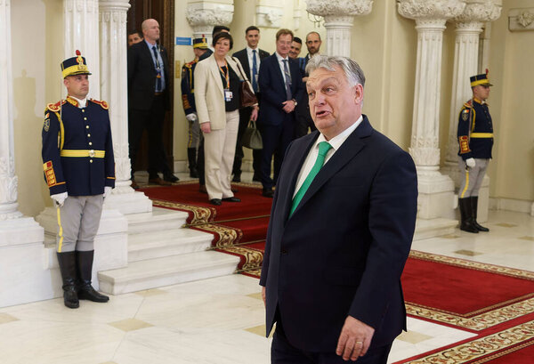 Bucharest, Romania. 3rd Apr, 2024: Viktor Orban, prime minister of Hungary, reacts at his arrival at the working meeting of the leaders from the European Council regarding to the preparation of the future Strategic Agenda of the European Union hosted