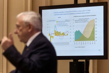Bucharest, Romania. 15th May, 2024: Graph showing the dynamics of population consumption in the last two quarters, while Mugur Isarescu, the Governor of the National Bank of Romania (BNR), presents the Quarterly Inflation Report clipart