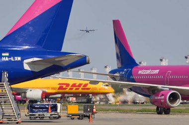 Otopeni, Romania. 2nd Aug, 2024: An aircraft of the low cost airline Wizz Air taxiing for take-off at Bucharest Henri Coanda International Airport (AIHCB), in Otopeni, 16.5 km north of Bucharest. clipart