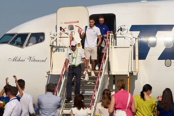 stock image Otopeni, Romania. 2nd Aug, 2024: Romanian Olympic gold medalist swimmer David Popovici returns from Olympic Games Paris 2024 at Bucharest Henri Coanda International Airport, in Otopeni, Romania. Popovici won the gold medal in the men's 200m freestyle