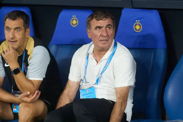 stock image Bucharest, Romania. 9th Aug, 2024: Gheorghe Hagi (R), head coach of Farul Constanta, during the football match between FCSB and FCV Farul Constanta in the 5th round of Superliga, the first league of the Romanian 2024-2025 football championship, at th