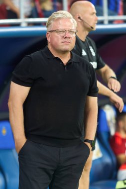 Bucharest, Romania. 13th Aug, 2024: Lars Friis, Sparta Praha football team coach, during the UEFA Champions League, third qualifying round 2nd leg football match between FCSB and AC Sparta Praha, at Steaua Stadium, in Bucharest. clipart