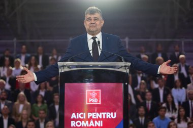 Bükreş, Romanya. 22 Ağustos 2024: PSD genel başkanı ve Romanya başbakanı Marcel Ciolacu, konuşmasını Bükreş 'teki ROMEXPO Sergi Merkezi' ndeki Sosyal Demokrat Parti Kongresi 'nin (PSD) sonunda yaptı. Kongre sırasında Marcel 