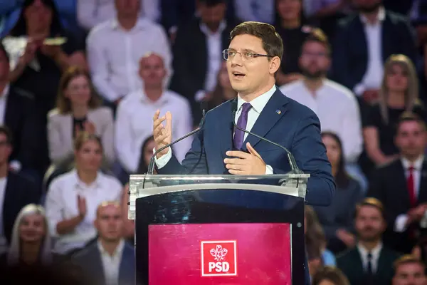 stock image Bucharest, Romania. 22th Aug, 2024: Victor Negrescu, MEP and PSD vice president, delivers a speech during the Congress of the Social Democratic Party (PSD), at ROMEXPO Exhibition Center in Bucharest. The main points on the agenda of the congress are 