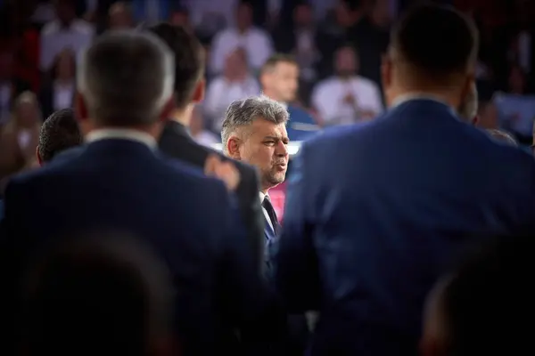 stock image Bucharest, Romania. 22th Aug, 2024: Marcel Ciolacu, PSD president and Romanian prime minister, reacts during the Congress of the Social Democratic Party (PSD), at ROMEXPO Exhibition Center in Bucharest. The main points on the agenda of the congress a