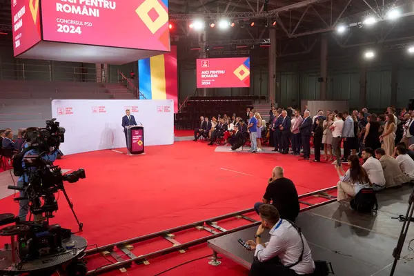 stock image Bucharest, Romania. 22th Aug, 2024: Marcel Ciolacu, PSD president and Romanian prime minister, answers journalists' questions at the end of the Congress of the Social Democratic Party (PSD), at ROMEXPO Exhibition Center in Bucharest. During the Congr