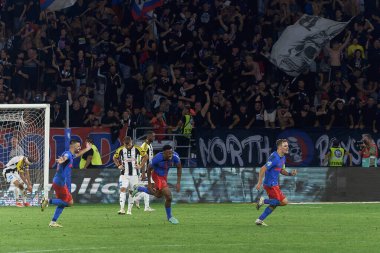 Bucharest, Romania. 29th Aug, 2024: Darius Olaru (R) of FCSB elebrates after score against LASK during the UEFA Europa League, Play-offs 2nd leg football match between FCSB and LASK, at Steaua Stadium, in Bucharest. clipart