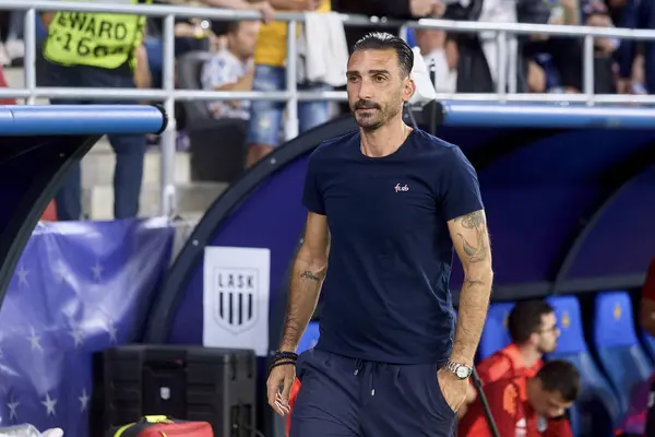 stock image Bucharest, Romania. 29th Aug, 2024: Elias Charalambous, FCSB head coach, during the UEFA Europa League, Play-offs 2nd leg football match between FCSB and LASK, at Steaua Stadium, in Bucharest.