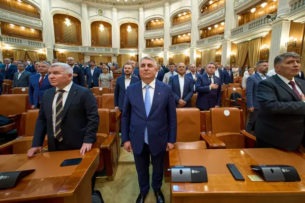 stock image Bucharest, Romania. 2nd Sep, 2024: Lucian Bode (C), National Liberal Party (PNL) general secretary, attends the first plenary meeting of the Chamber of Deputies from the September-December session, the last of this legislature of the Romanian Parliam