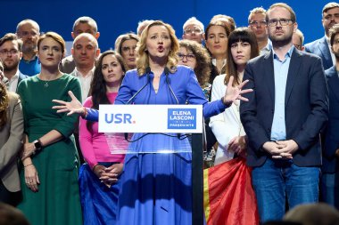 Bucharest, Romania. 25th Nov, 2024: Elena Lasconi, Save Romania Union (USR) candidate for the president of Romania, addresses her supporters after entering the presidential election runoff in second place. clipart