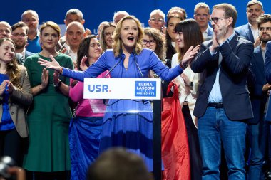 Bucharest, Romania. 25th Nov, 2024: Elena Lasconi, Save Romania Union (USR) candidate for the president of Romania, addresses her supporters after entering the presidential election runoff in second place. clipart