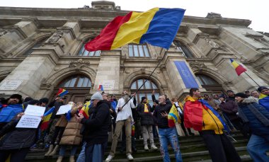 Bucharest, Romania. 30th Dec, 2024: Supporters of Calin Georgescu, winner of the first round of the presidential election, annulled by the CCR, protests in front of the Bucharest Court of Appeal. clipart