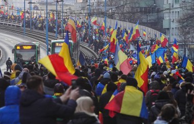 Bucharest, Romania. 13th Jan, 2025: Supporters of the far-right Alliance for the Union of Romanians (AUR), protest against the Constitutional Court's decision to cancel the presidential elections. clipart