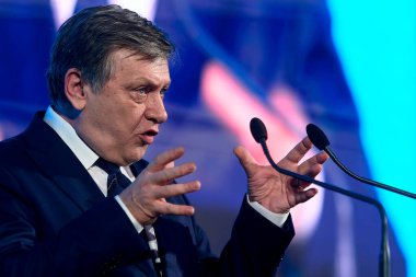 Bükreş, Romanya. 26 Ocak 2025: Bükreş, Romanya. 26 Ocak 2025: Romanya 'nın Avrupa yanlısı partilerden cumhurbaşkanı adayı Crin Antonescu Ulusal Liberal Parti Ulusal Konseyi (PNL) sırasında konuştu). 