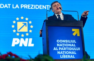 Bükreş, Romanya. 26 Ocak 2025: Bükreş, Romanya. 26 Ocak 2025: Romanya 'nın Avrupa yanlısı partilerden cumhurbaşkanı adayı Crin Antonescu Ulusal Liberal Parti Ulusal Konseyi (PNL) sırasında konuştu). 