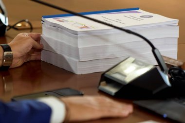 Bucharest, Romania. 1st Feb, 2025: Sorin Grindeanu, Minister of Transport, attends the government meeting at the Victoria Palace, the Romanian Government headquarters clipart