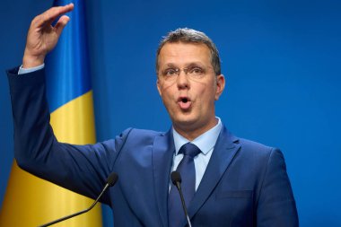 Bucharest, Romania. 2nd Oct, 2025: Ionut Mosteanu, Romanian Minister of Defense, holds a press briefing after cabinet meeting at Victoria Palace, the Romanian Government headquarters.