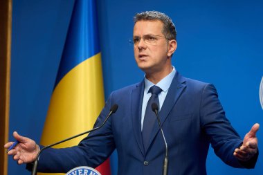 Bucharest, Romania. 2nd Oct, 2025: Ionut Mosteanu, Romanian Minister of Defense, holds a press briefing after cabinet meeting at Victoria Palace, the Romanian Government headquarters.
