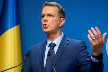 Bucharest, Romania. 2nd Oct, 2025: Ionut Mosteanu, Romanian Minister of Defense, holds a press briefing after cabinet meeting at Victoria Palace, the Romanian Government headquarters.