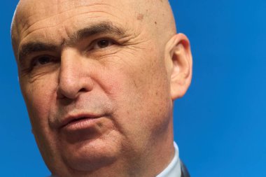 Bucharest, Romania. 3rd Oct, 2025: Ilie Bolojan, Prime Minister of Romania, holds a press conference marking 100 days since taking office at Victoria Palace, the headquarters of the Romanian Government.