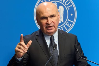 Bucharest, Romania. 3rd Oct, 2025: Ilie Bolojan, Prime Minister of Romania, holds a press conference marking 100 days since taking office at Victoria Palace, the headquarters of the Romanian Government.