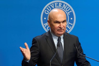 Bucharest, Romania. 3rd Oct, 2025: Ilie Bolojan, Prime Minister of Romania, holds a press conference marking 100 days since taking office at Victoria Palace, the headquarters of the Romanian Government.