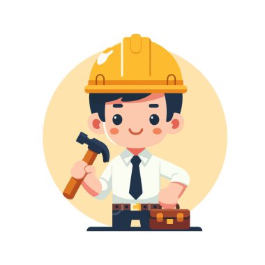 Sarı şapkalı ve elinde çekiç tutan dost canlısı inşaat işçisi..