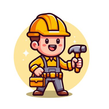 Sarı şapkalı ve elinde çekiç tutan dost canlısı inşaat işçisi..