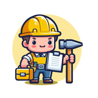 Sarı şapkalı ve elinde çekiç tutan dost canlısı inşaat işçisi..