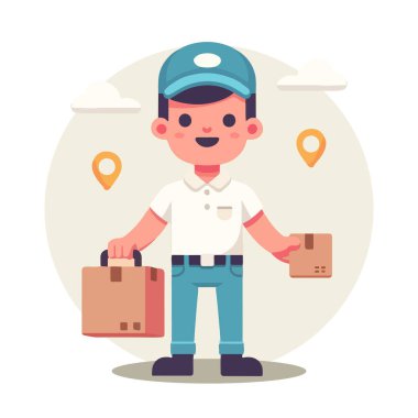 Dost canlısı teslimatçı şapkalı ve bir paket taşıyor.