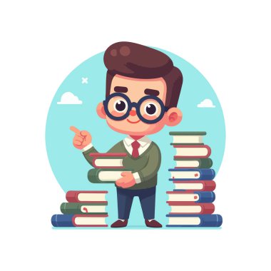 Gözlükleri ve bir yığın kitabı olan neşeli bir kütüphaneci.