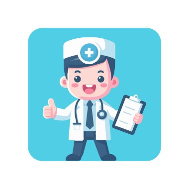 Laboratuvar önlüğü ve panosu olan mutlu bir doktor.