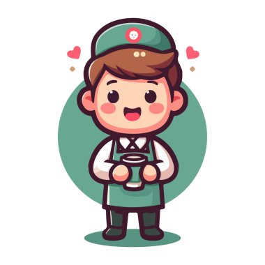 Önlük takan ve elinde kahve tutan bir barista.