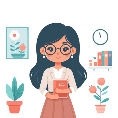 Gözlüklü ve elinde kitap tutan bir öğretmen.