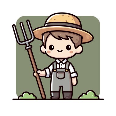 Hasır şapkalı ve elinde yaba tutan bir çiftçi.