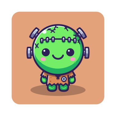 Boynunda cıvatalar olan, yırtık bir ceket giyen ve içten gülümseyen küçük yeşil Frankenstein canavarı..