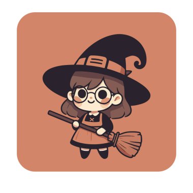 Büyük, sarkık uçlu bir şapka takan küçük bir cadı elinde süpürge sopasıyla, dostane bir gülümseme ve yuvarlak gözlüklerle..