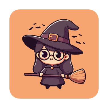 Büyük, sarkık uçlu bir şapka takan küçük bir cadı elinde süpürge sopasıyla, dostane bir gülümseme ve yuvarlak gözlüklerle..