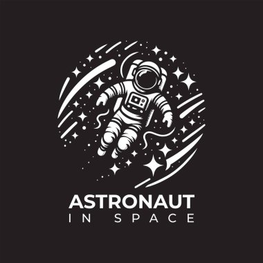 Basit yıldızlarla çevrili, uzayda yüzen bir astronotun parlak siyah-beyaz vektör tasarımı.