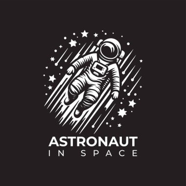 Basit yıldızlarla çevrili, uzayda yüzen bir astronotun parlak siyah-beyaz vektör tasarımı.