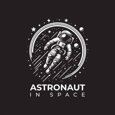 Basit yıldızlarla çevrili, uzayda yüzen bir astronotun parlak siyah-beyaz vektör tasarımı.