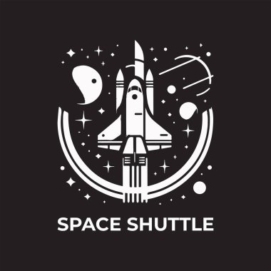 Siyah-beyaz minimalist bir uzay mekiği tasarımı, arka plan elementleri olarak birkaç yıldız ve gezegen var.