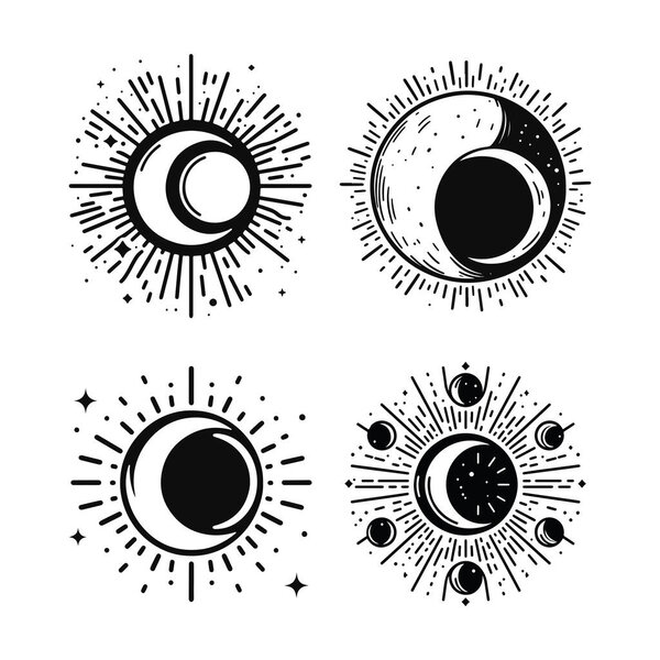 A black-and-white vector design of an eclipse, with the sun partially covered by the moon