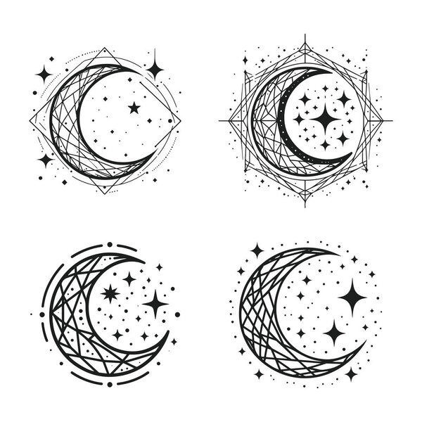 A geometric design of a crescent moon with small stars surrounding it