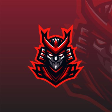 Keskin yüzlü, stilize edilmiş bir samuray maskesi içeren e-spor logosu
