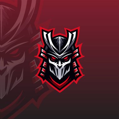 Keskin yüzlü, stilize edilmiş bir samuray maskesi içeren e-spor logosu