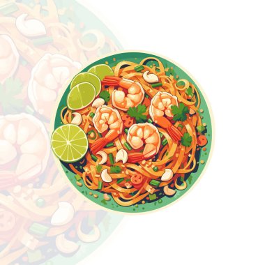 Pad Thai erişte, karides, ezilmiş fıstık, limon dilimleri ve bir garnitür kişniş ile servis edilir.