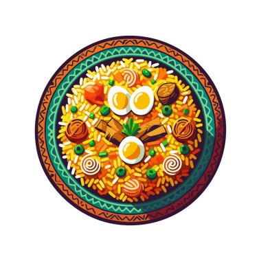 Biryani, rengarenk pirinç, et parçaları, kızarmış soğan ve haşlanmış yumurta.