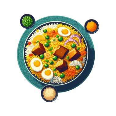 Biryani, rengarenk pirinç, et parçaları, kızarmış soğan ve haşlanmış yumurta.